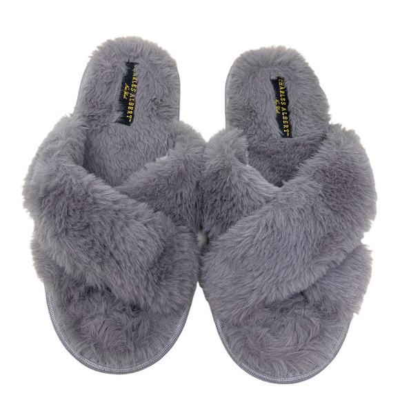 Charles Albert Sz M 7-8 Fluffy Faux Fur Criss Cross Scuffs Slippers House Shoes - Picture 1 of 5
